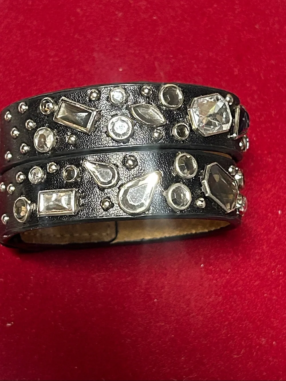 Black Leather Wrap Bracelet with Clear Gem Accents and earrings